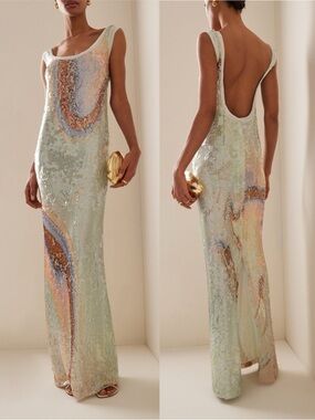 Jonathan Simkhai Serene Seafoam Marble Print Sequin Maxi Dress Gown